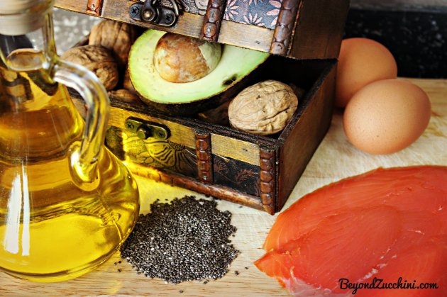 Omega-rich salmon, chia seeds, avocado, walnuts, egg yolks, and walnuts.